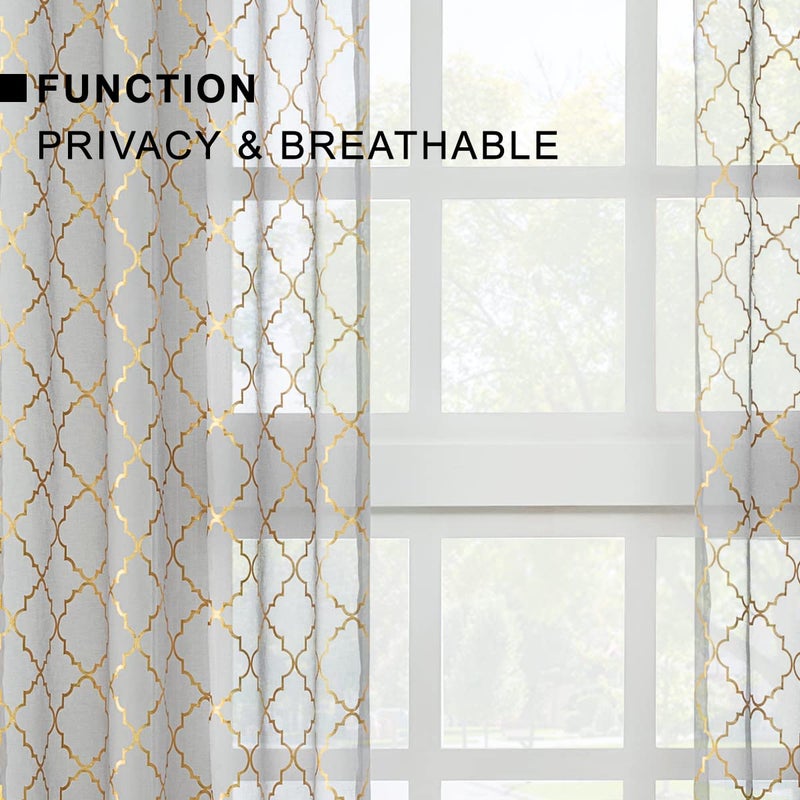 Kotile Gold Grey Sheer Curtains 84 Inches Long 2 Panels Metallic Gold Moroccan Ogee Pattern Shimmer Sheer Curtains for Bedroom, Grommet Light Filtering Privacy Sheer Window Curtains, W52 x L84 Inch - Image 3